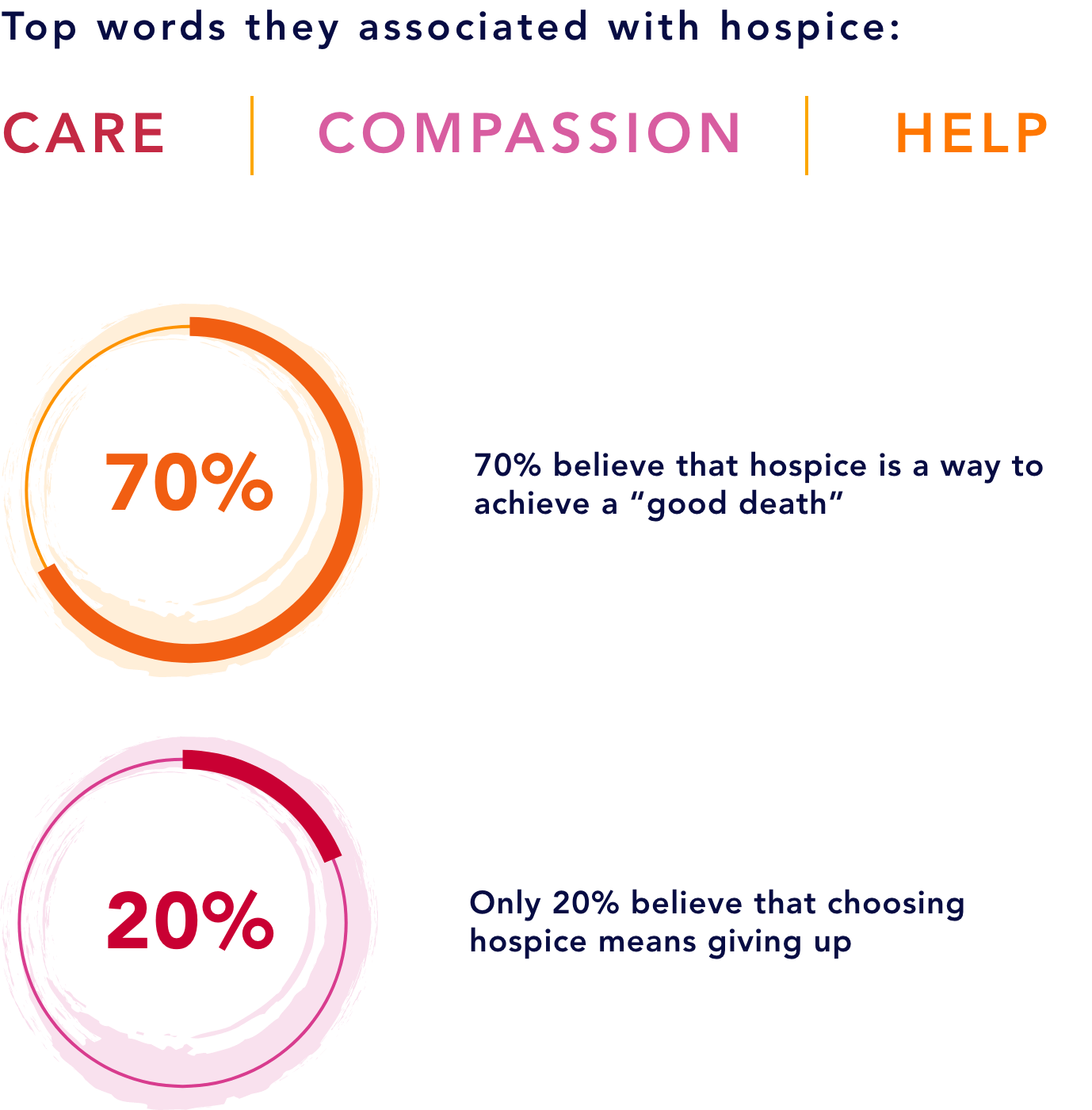 Infographic showing top words associated with hospice and percentage of people that think it is a 